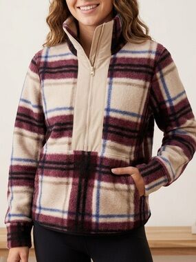 ALPINE DESIGN I Fleece Iowa Plaid 1/4 Zip  Pullover - Cream & Burgundy Size XS
